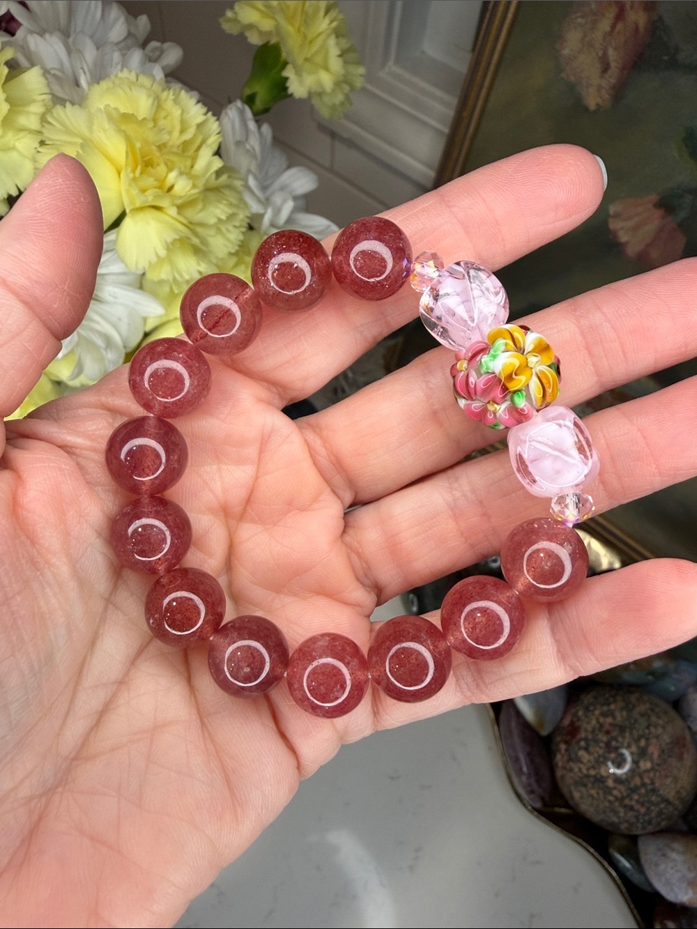Strawberry Quartz Bracelet | 12mm Gemstone + Artisan Lampwork: B1279